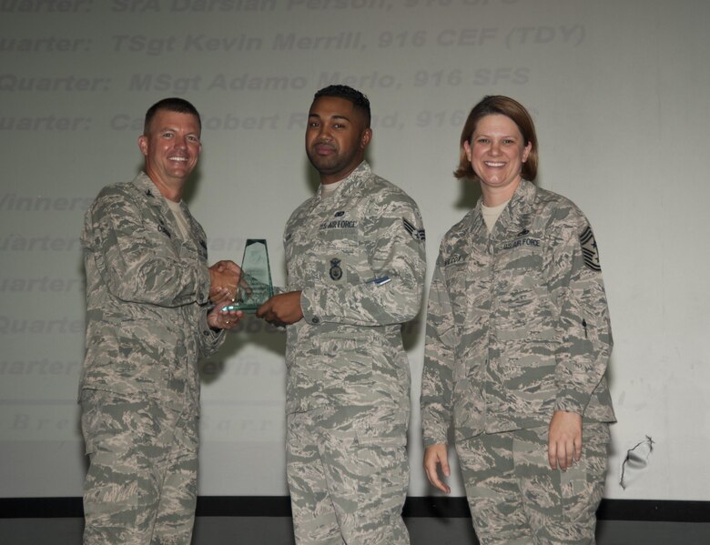 The 916th Air Refueling Wing presented multiple awards to Airmen during the August unit training assembly at Seymour Johnson Air Force Base, N.C. (U.S. Air Force photo/Senior Airman Kayla Newman)