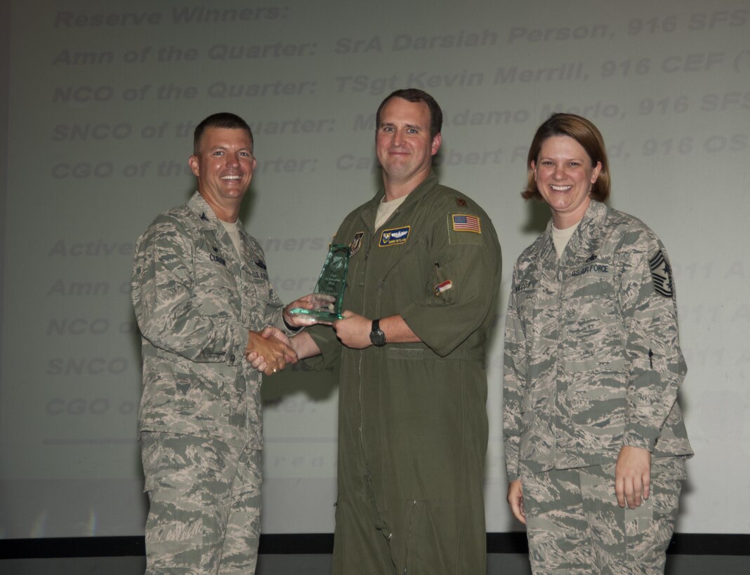 The 916th Air Refueling Wing presented multiple awards to Airmen during the August unit training assembly at Seymour Johnson Air Force Base, N.C. (U.S. Air Force photo/Senior Airman Kayla Newman)