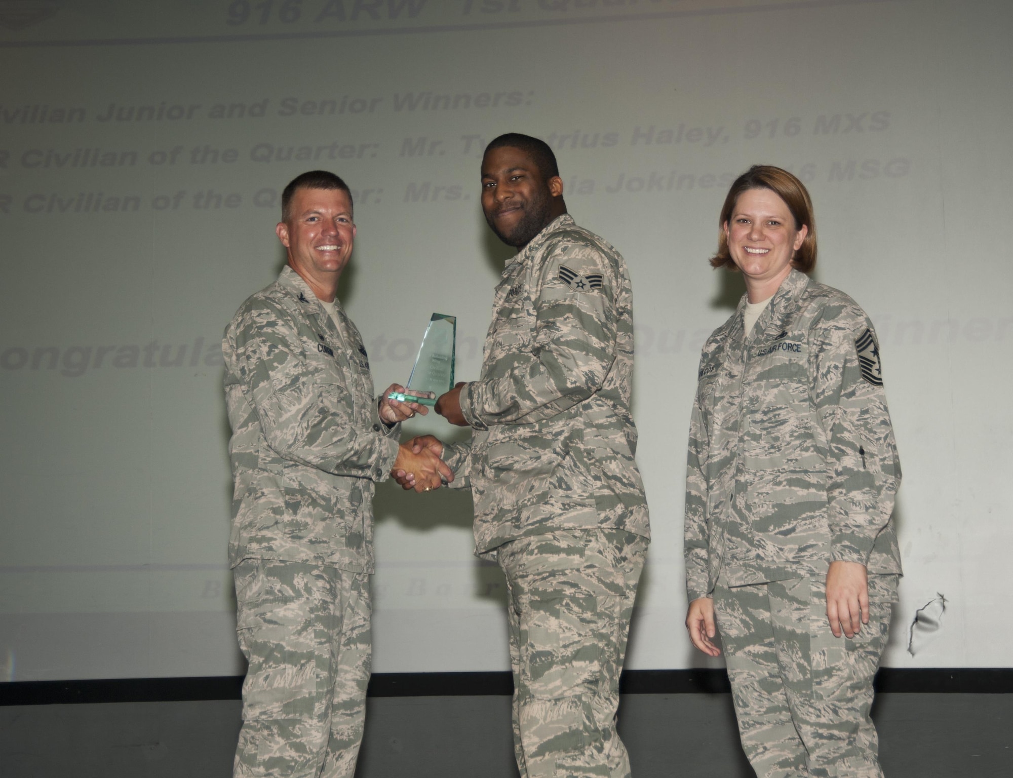 The 916th Air Refueling Wing presented multiple awards to Airmen during the August unit training assembly at Seymour Johnson Air Force Base, N.C. (U.S. Air Force photo/Senior Airman Kayla Newman)