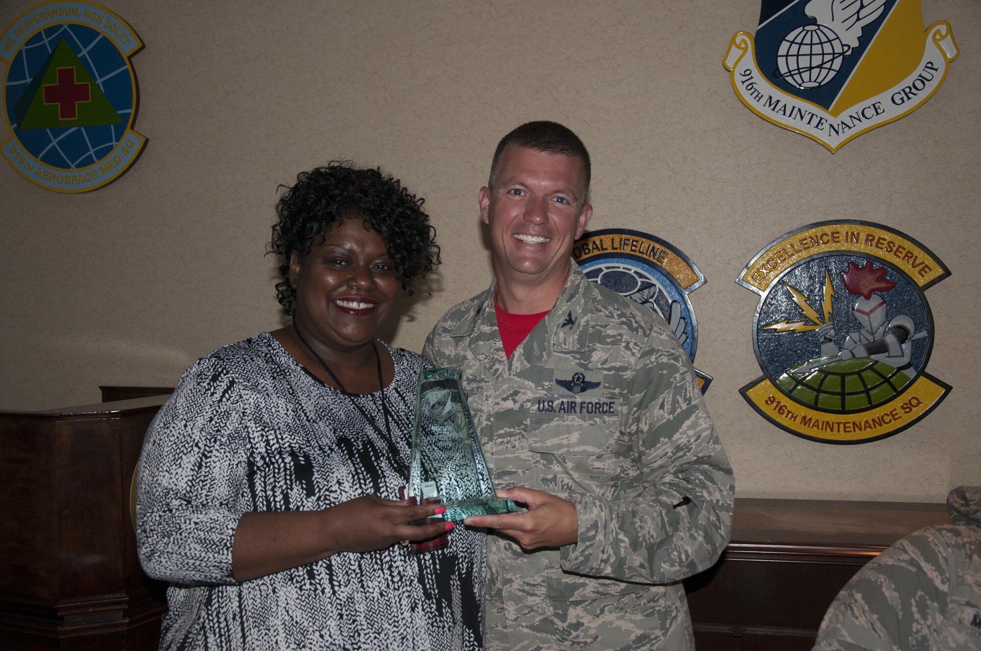The 916th Air Refueling Wing presented multiple awards to Airmen during the August unit training assembly at Seymour Johnson Air Force Base, N.C. (U.S. Air Force photo/Senior Airman Jeramy Moore)