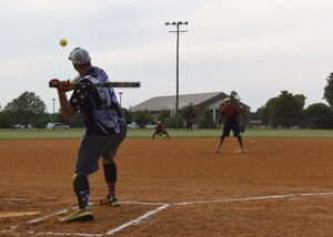 U.S. Air Force Staff Sgt. Nicholas Hellen, 633rd Security Forces Squadron resource protection NCOIC, swings at a pitch during the Intramural Softball Championship at Joint Base Langley-Eustis, Virginia., August 1, 2017.