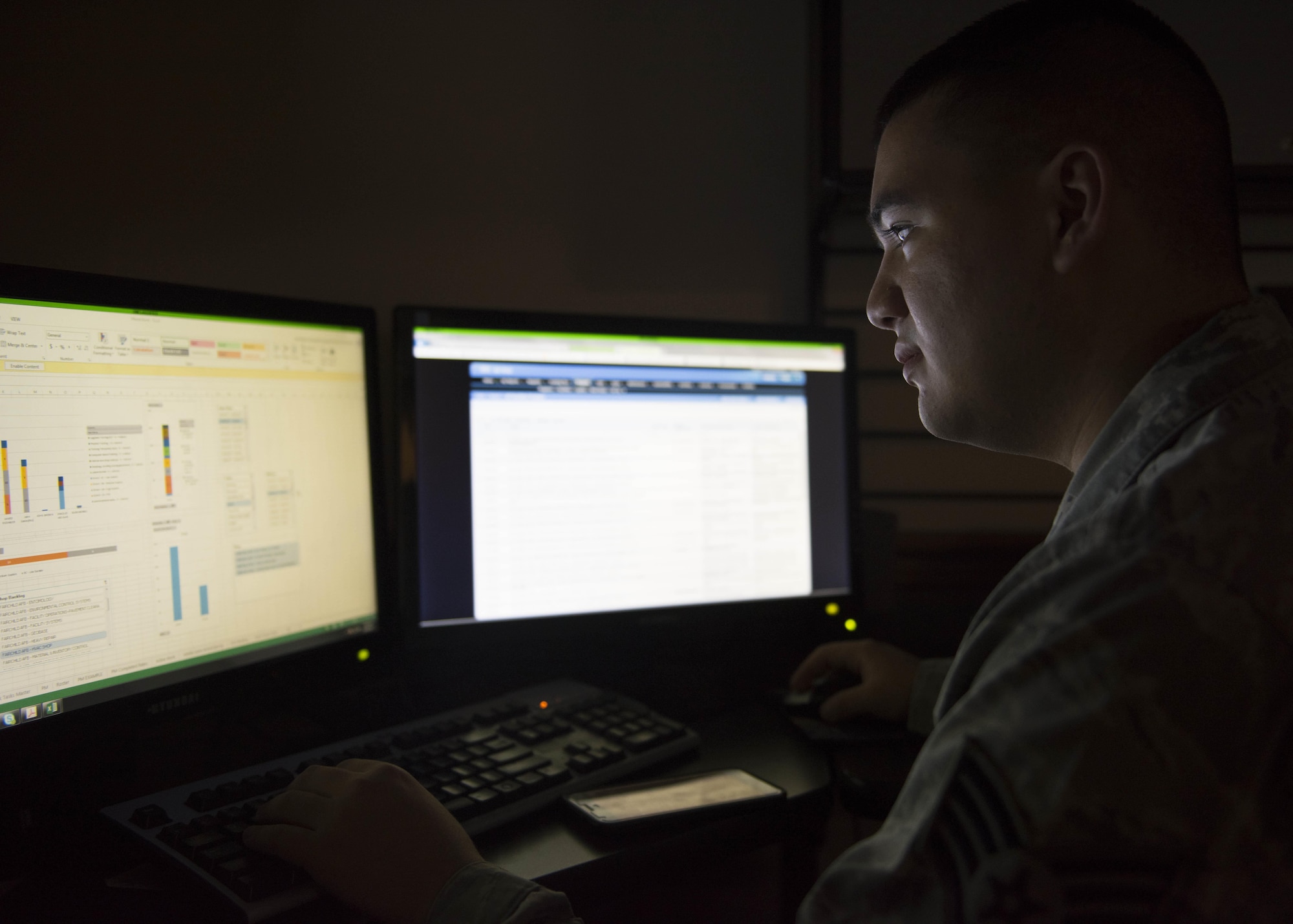 Staff Sgt. William McDonald, 92nd Civil Engineer Squadron customer service representative, works on reports June 28, 2017, at Fairchild Air Force Base, Washington. McDonald was nominated as one of Fairchild's Finest, a base program to recognize accomplished Airmen. (U.S. Air Force Photo / Airman 1st Class Ryan Lackey)