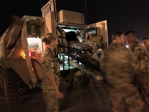 One of seven U.S. Army Soldiers who were wounded in a rocket propelled grenade attack is loaded into an MRAP ambulance at Mazar-i-Sharrif, Afghanistan June 17, 2017. The Soldiers were flown to Craig Joint Theater Hospital at Bagram Airfield, Afghanistan where they underwent 12 hours of trauma care. They were later flown to Germany by a C-17 Globemaster III from Travis Air Force Base, Calif. (Courtesy Photo) (This image was edited for patient privacy)