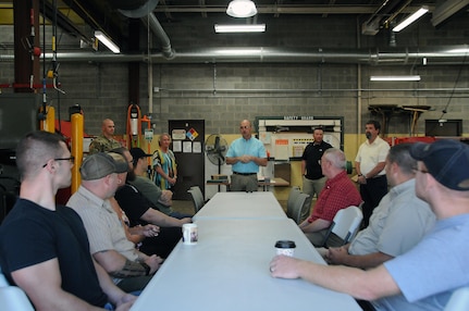 Gene Scholler, director of logistics for the U.S. Army Reserve's 99th Regional Support Command, addresses employees August 8 at Area Maintenance Support Activity 112 in Lock Haven, Pennsylvania.  AMSA 112’s mission is to maintain readiness by providing field-level maintenance support to six assigned Army Reserve units within its region, provide training to unit personnel and prepare equipment for mobilization.