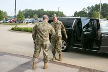 U.S. Army Vice Chief of Staff Gen. James McConville is welcomed by Gen. Gus Perna to the Army Materiel Command headquarters at Redstone Arsenal, Alabama, Aug. 3, 2017.  This marks McConvile's first visit to AMC as the VCSA.
