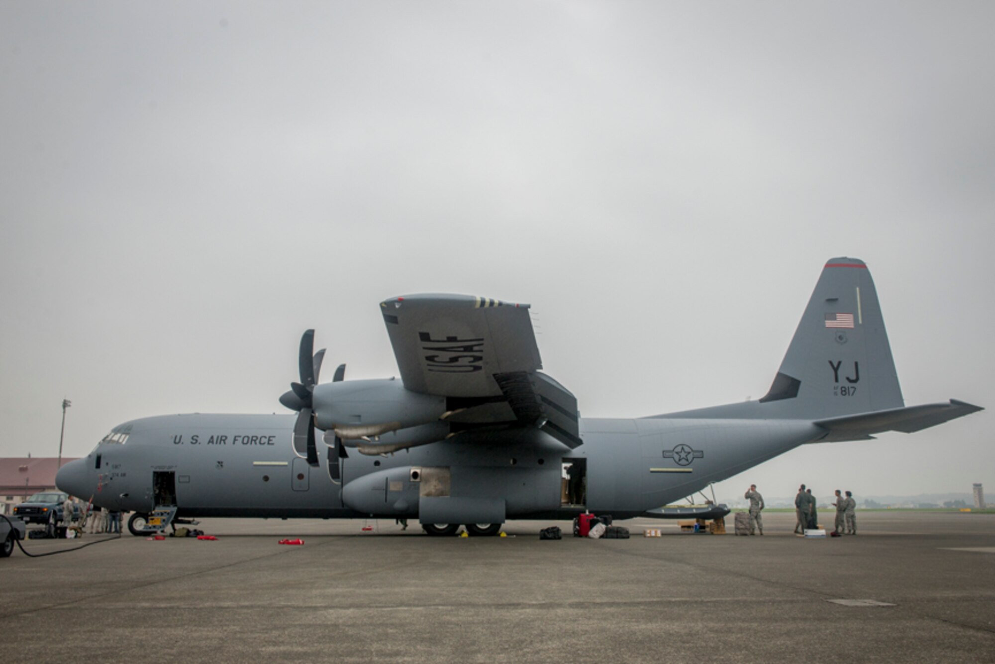 alt=A C-130J Super Hercules sits on the flight line
