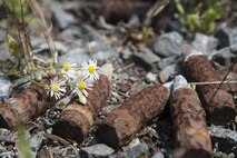 Several 20 mm shells sit on gravel on Draughon Range at Misawa City, Japan, Aug. 2, 2017. Once ammunition is used, the 35th Civil Engineer Squadron explosive ordnance disposal team comes to the range to properly dispose it. The area is used for various military training scenarios such as explosive ordnance disposal, survival, evasion, resistance and escape training and target practice for cargo drops, improving U.S. and Japan Air Self-Defense Force service members’ mission capabilities while also demonstrating our bilateral and joint power. (U.S. Air Force photo by Airman 1st Class Sadie Colbert)