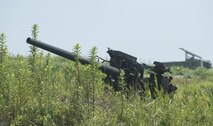 An old, nonfunctional anti-aircraft weapon sits on Draughon Range in Misawa City, Japan, Aug. 2, 2017. The anti-aircraft weapons simulate targets for pilots to practice their destruction of enemy air-defenses and solidify their tactics for real world scenarios. Draughon Range receives many unused metal crates to be used as targets, saving the Air Force thousands of dollars every year. (U.S. Air Force photo by Airman 1st Class Sadie Colbert)