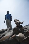 Joe Conley, the Draughon Range lead manager, examines an inert guided bomb unit 12 at Draughon Range, in Misawa City, Japan, Aug. 2, 2017. The range personnel play a crucial role in setting up the range for every day operations and support many exercises. The workers put in approximately 65 hours per week to ensure the range functions at its optimal level. (U.S. Air Force photo by Airman 1st Class Sadie Colbert)