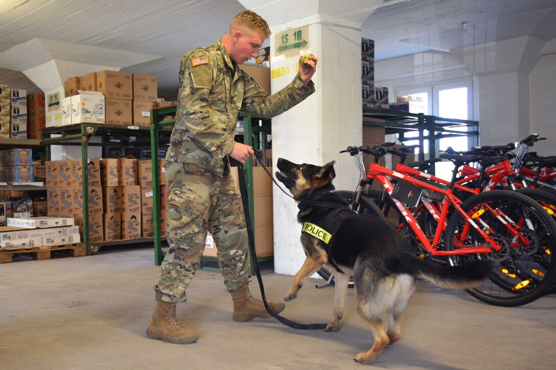 Army Pfc. Matthew Abkemeier plays with Cezar, his military working dog.