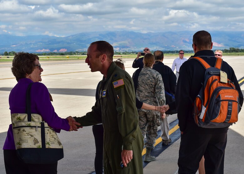 Lt. Col. Rich Pantusa, commander of the 32nd Operations Group, welcomes civic leaders to Peterson AFB, Colorado July 27, 2017. The flight line was the first stop of many on the Civic Leader Tour.