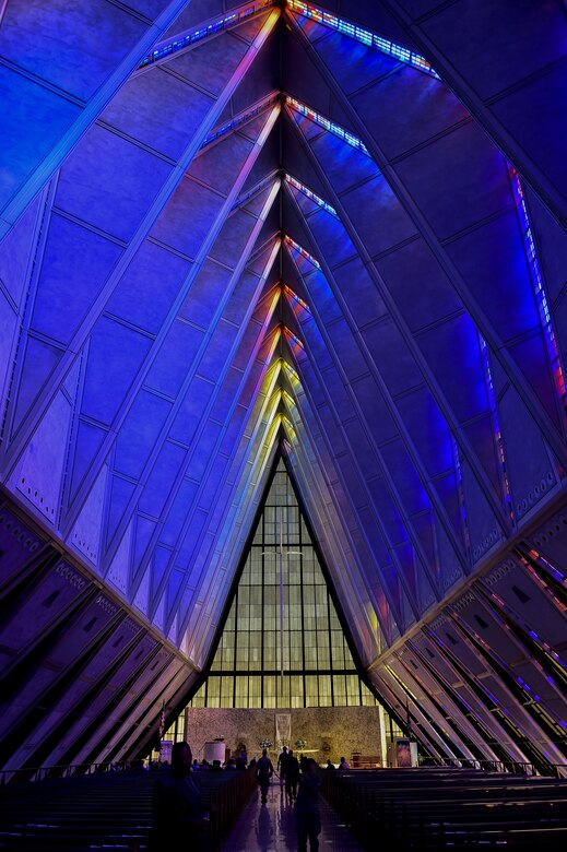 Civic leaders explore the United States Air Force Academy Cadet Chapel, July 28, 2017, at the U.S. Air Force Acadmey. Completed in 1962, the chapel is a distinguishing feature of the Cadet Area.