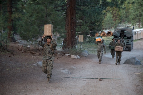BRIDGEPORT, Calif., U.S. Marines with 2nd Battalion, 8th Marine Regiment, 2nd Marine Division carry boxes of field mess to the field mess hall during Mountain Training Exercise 4-17 at the Marine Corps Mountain Warfare Training Center Aug. 2, 2017. (U.S. Marine Corps photo by Lance Cpl. Timothy Shoemaker)