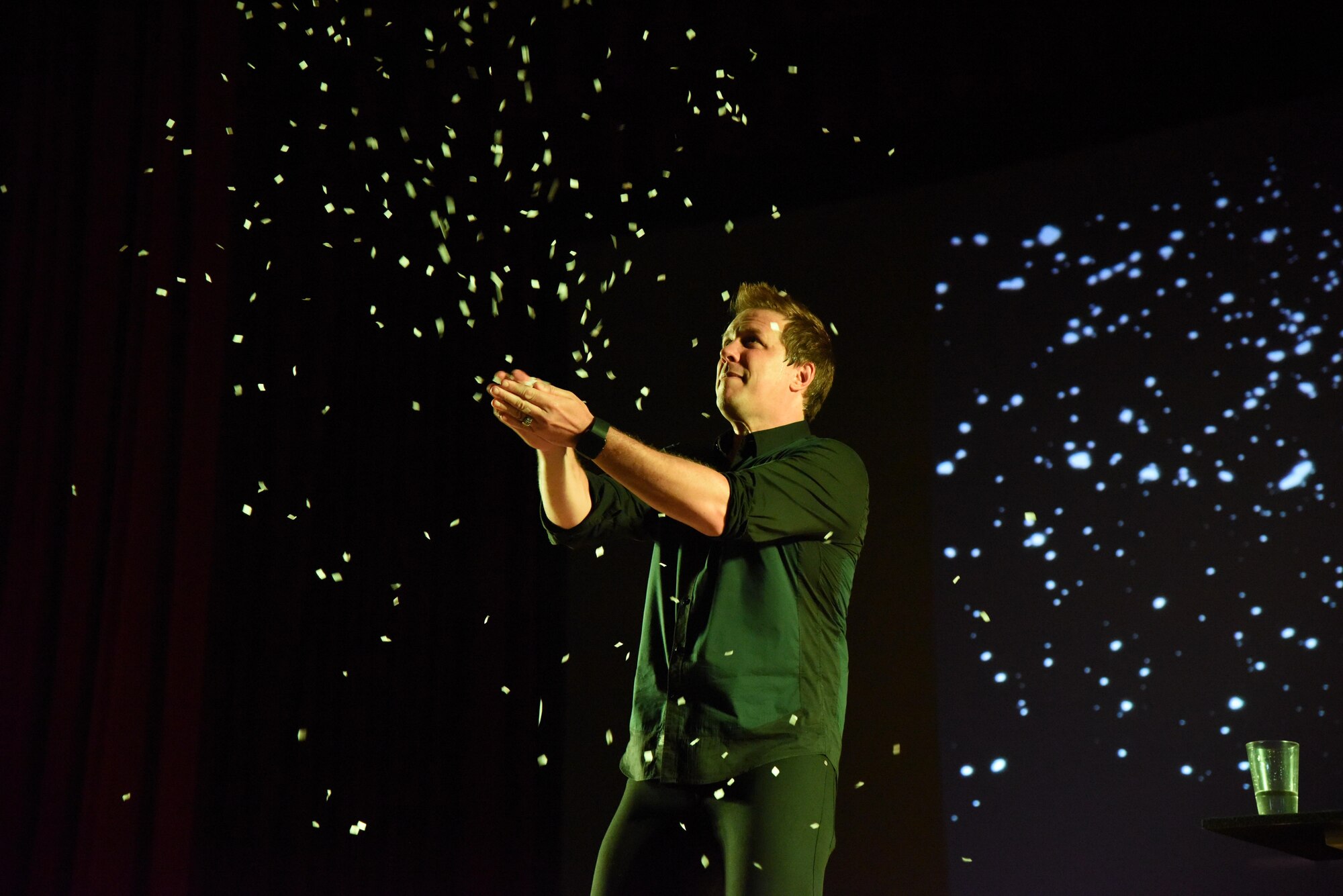 Mike Super, illusionist, performs an illusion during the Mike Super’s Magic & Illusion show at the Welch Theater July 29, 2017, on Keesler Air Force Base, Miss. Super, an American magician who is the winner of the NBC show Phenomenon, is currently touring the U.S. and Canada with his illusion show. (U.S. Air Force photo by Kemberly Groue)