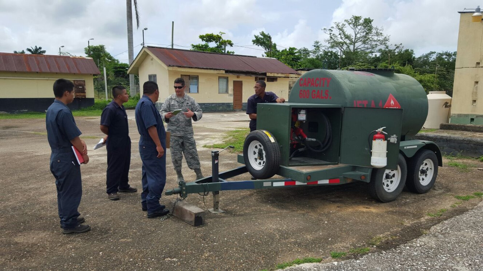 Master Sgt. Christopher Bates, 571st Mobility Support Advisory Squadron fuels management air advisor,  trains members from the Belize Defense Force Air Wing on fuels and emergency management techniques. (Courtesy Photo)