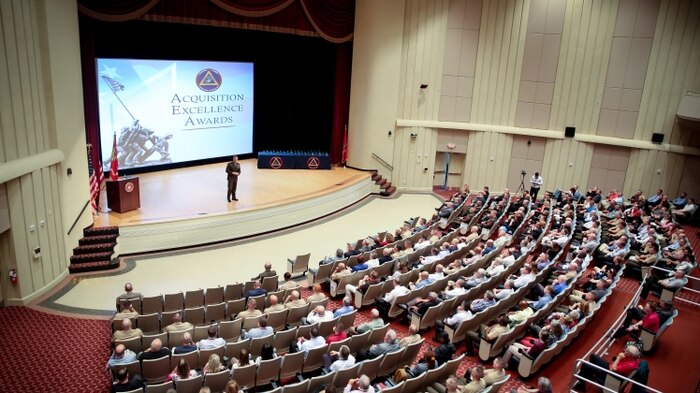 Brig. Gen. Joseph Shrader, commander of Marine Corps Systems Command, speaks to the crowd during the 2017 Acquisition Excellence Awards, hosted by Marine Corps Systems Command Aug. 8, aboard Marine Corps Base Quantico, Virginia. MCSC holds the event annually to recognize members of the Marine Corps acquisition workforce for outstanding performance during the previous fiscal year. (U.S. Marine Corps photo by Jennifer Sevier)