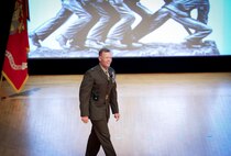 Brig. Gen. Joseph Shrader, commander of Marine Corps Systems Command, speaks to the crowd during the 2017 Acquisition Excellence Awards, hosted by Marine Corps Systems Command Aug. 8, aboard Marine Corps Base Quantico, Virginia. MCSC holds the event annually to recognize members of the Marine Corps acquisition workforce for outstanding performance during the previous fiscal year. (U.S. Marine Corps photo by Jennifer Sevier)