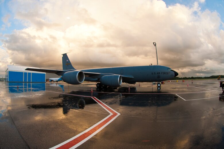 A 459th Air Refueling Wing KC-135R Stratotanker rests on the Tallinn Airport, Estonia, flight line Aug. 5, 2017.