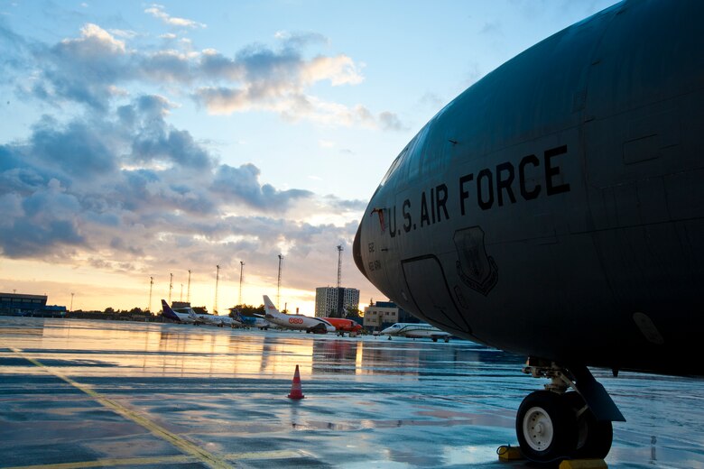 A 459th Air Refueling Wing KC-135R Stratotanker rests on the Tallinn Airport, Estonia, flight line Aug. 5, 2017.
