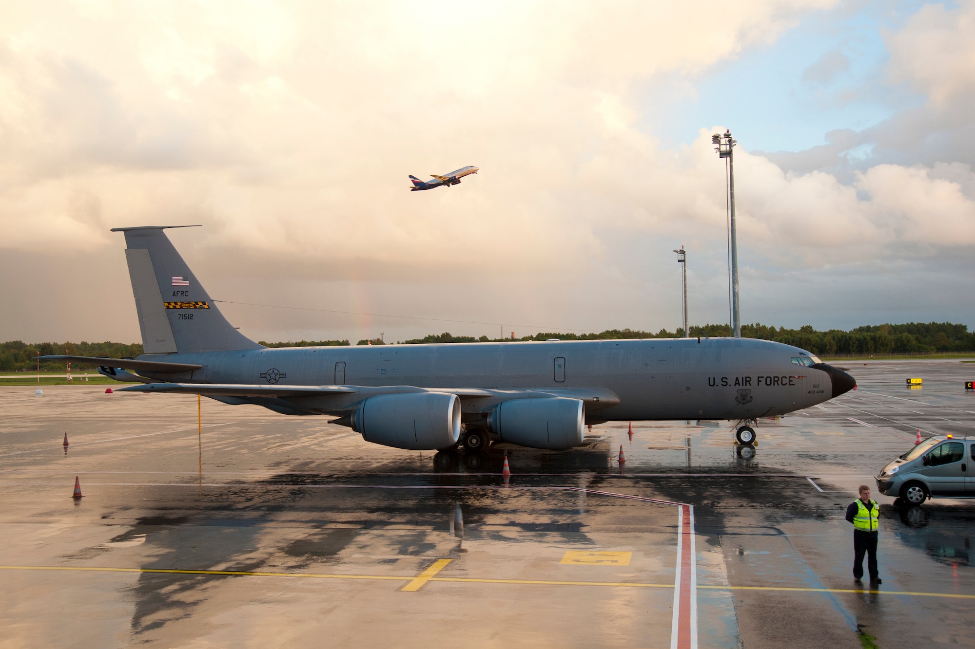 A 459th Air Refueling Wing KC-135R Stratotanker rests on the Tallinn Airport, Estonia, flight line Aug. 5, 2017.