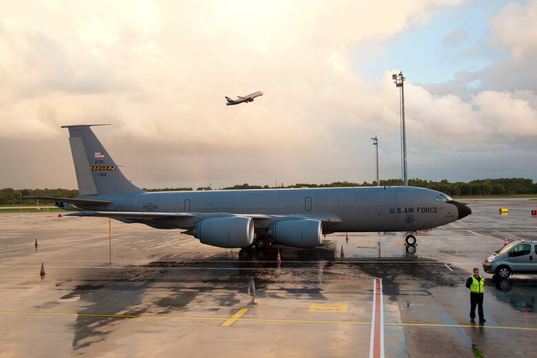 A 459th Air Refueling Wing KC-135R Stratotanker rests on the Tallinn Airport, Estonia, flight line Aug. 5, 2017.