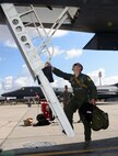 Col. Gentry W. Boswell, former 28th Bomb Wing commander, boards a B-1 bomber for the last time as commander of the 28th Bomb Wing at Ellsworth Air Force Base, S.D., Aug. 7, 2017. The fini-flight is a celebration for an aviator, formally marking the point at which that aviator departs from their assigned unit or last time flying the aircraft. (U.S. Air Force photo by Airman 1st Class Donald C. Knechtel)