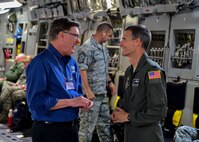 Col. Dan Sarachene, commander of the 910 AW, chats with Dr. Lance Grahn, dean at Kent State University's Trumbull Branch, while on a C-17 Globemaster III during a Civic Leader Tour July 27, 2017.