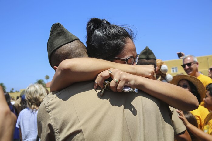 The new Marines of Golf Company, 2nd Recruit Training Battalion, reunite with their loved ones during liberty call at Marine Corps Recruit Depot San Diego, today