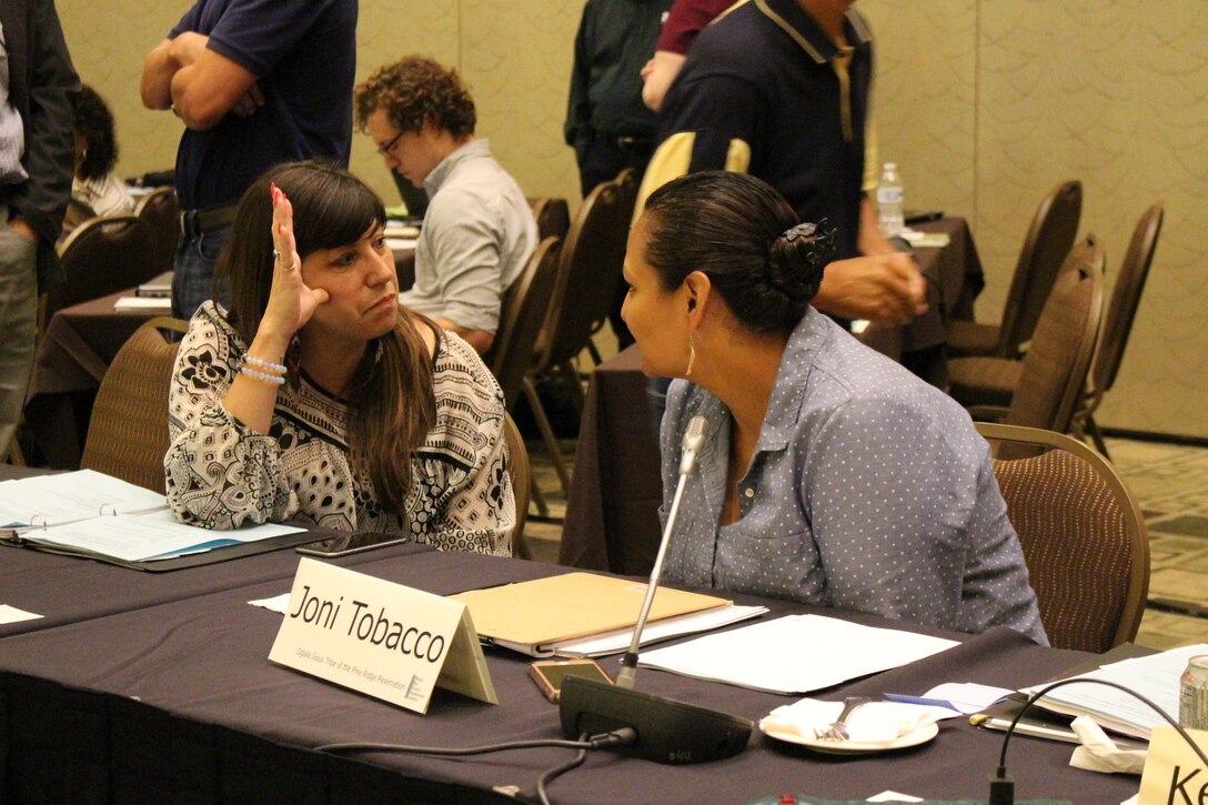 Catherine J. Warren, Native American consultation specialist, Omaha District, U.S. Army Corps of Engineers (left) and new MRRIC Tribal member Joni Tobacco, Ogalala Sioux Tribe (right) seated at a table.
