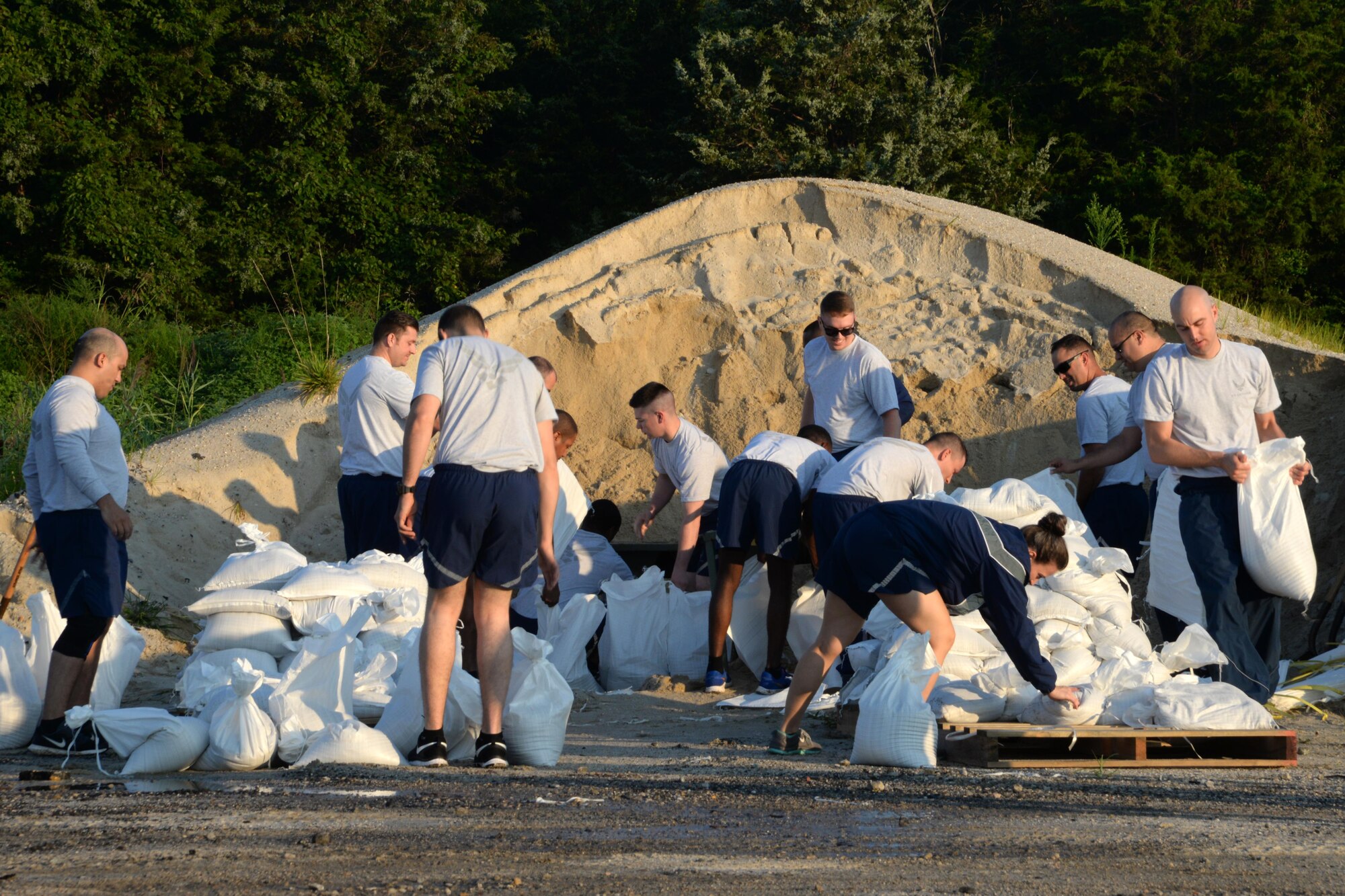 436th Civil Engineer Squadron Airmen fill sandbags for the upcoming 2017 Dover Air Force Base Open House “Thunder Over Dover” Aug. 10, 2017, on Dover AFB, Del.