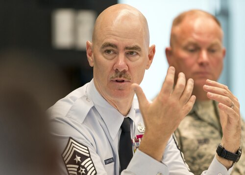 Chief Master Sgt. Ronald C. Anderson, command chief master sergeant of the Air National Guard, speaks with members of the ANG's Enlisted Field Advisory Council at the ANG Readiness Center on Joint Base Andrews, Md., August 9, 2017. The discussion was part of the ANG's Focus on the Force Week, a week-long series of events designed to renew Airmen’s commitment to the profession of arms and celebrate the successes of the enlisted corps. (U.S. Air National Guard photo/Master Sgt. Marvin Preston)