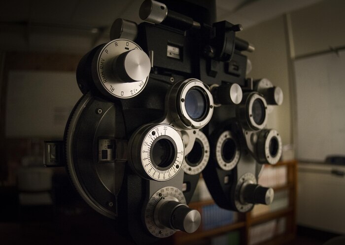 A phoropter, which is used during an eye exam to measure an individual's refractive error and determines their eyeglass prescription, is setup for the Smoky Mountain Innovative Readiness Training mission, Swain County High School, Bryson City, N.C., Aug. 3, 2017.