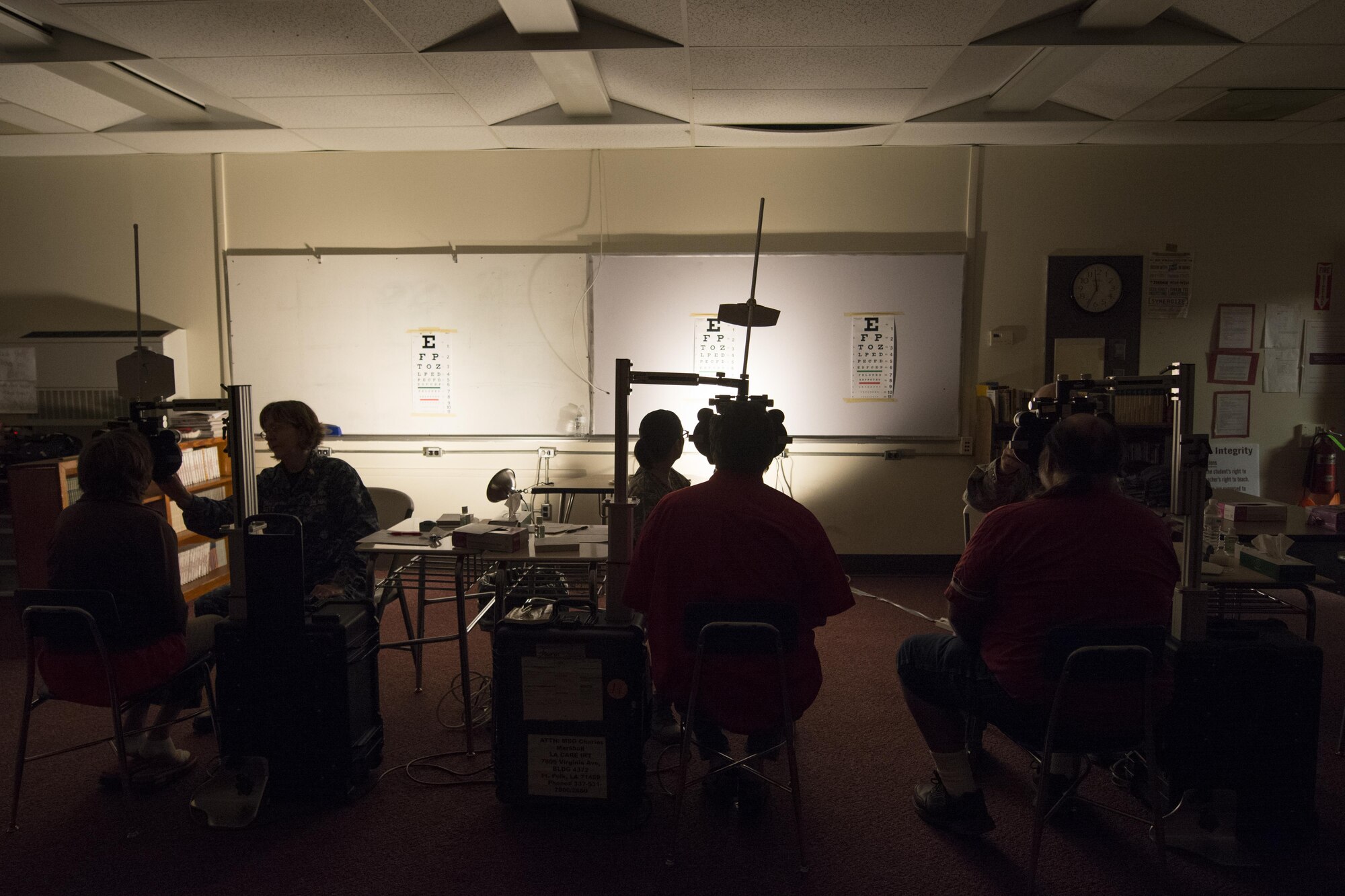 Smoky Mountain Medical serviecmen conduct vision tests to patients at Swain County during the Smoky Mountain Medical Innovative Readiness Training in Bryson City, N.C., Aug. 3, 2017.