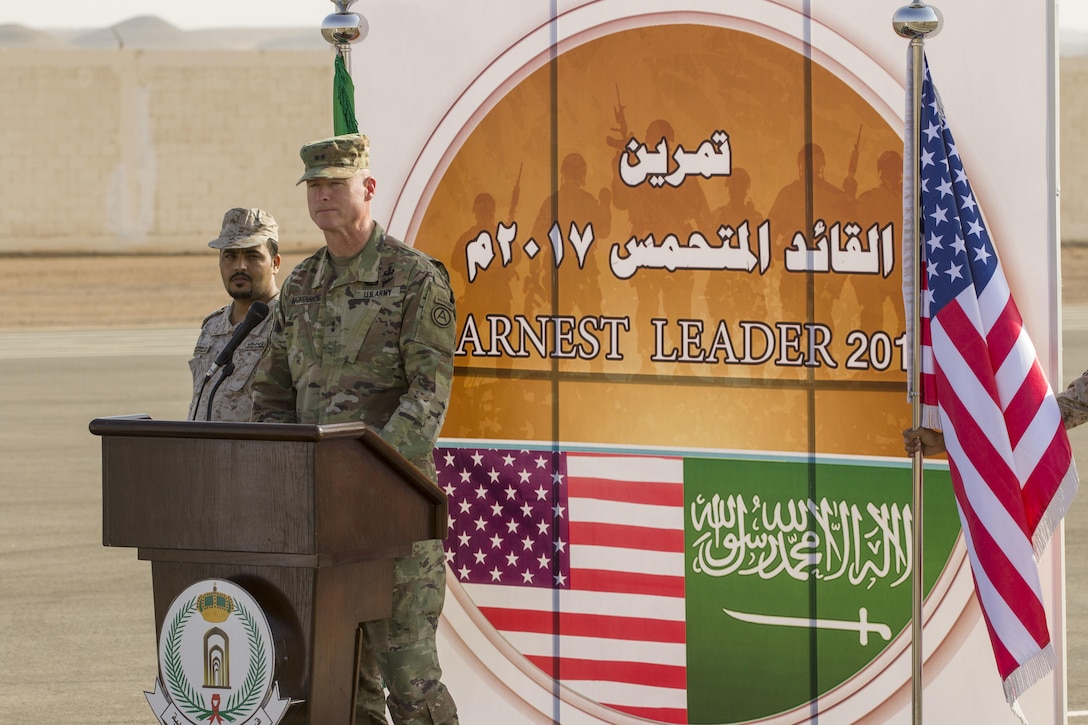 Maj. Gen. Terrence J. McKenrick, US Army Central deputy commanding thanks the Royal Saudi Land Forces for their generosity in his remarks during the Earnest Leader 17 closing ceremony held in the Kingdom of Saudi Arabia on August 10, 2017. The purpose of the Earnest Leader 17 exercise was  to enhance interoperability and strengthen U.S. and Royal Saudi Land Forces military-to-military relationships. (U.S. Army photo by Master Sgt. Mark Hanson)