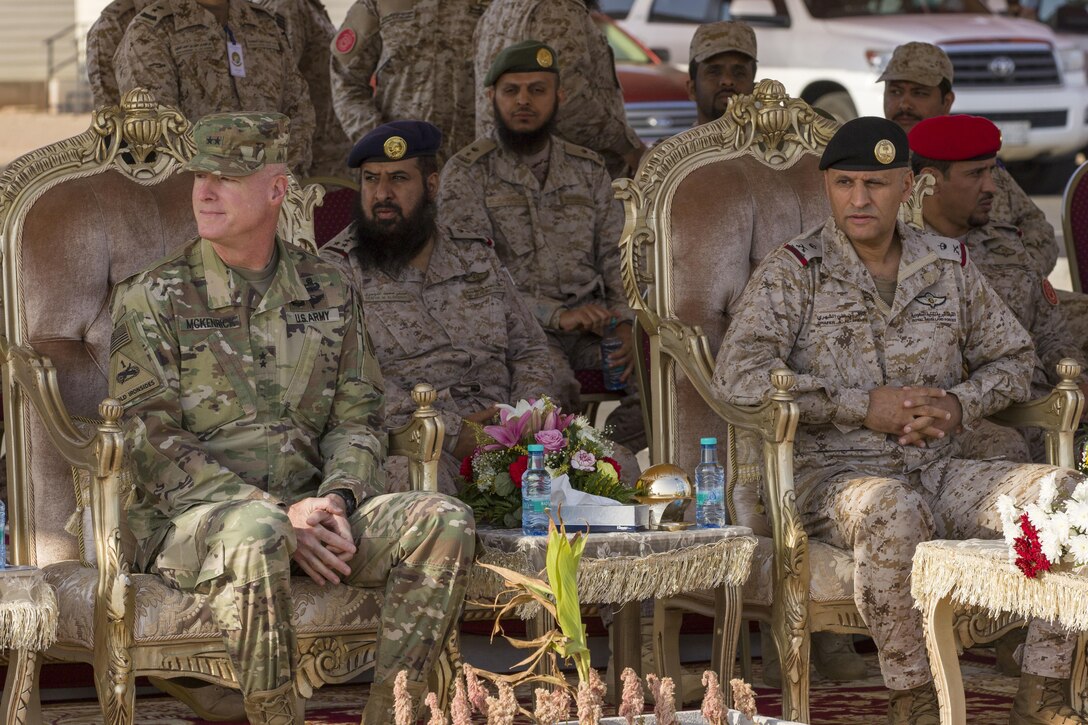 Maj. Gen. Terrence J. McKenrick, US Army Central deputy commanding and Gen. Dhafer bin Ali Al-Shehri, Royal Saudi Land Forces northwest area commander, attend the Earnest Leader 17 closing ceremony held in the Kingdom of Saudi Arabia on August 10, 2017. The purpose of the Earnest Leader 17 exercise was to enhance interoperability and strengthen U.S. and Royal Saudi Land Forces military-to-military relationships (U.S. Army photo by Master Sgt. Mark Hanson)