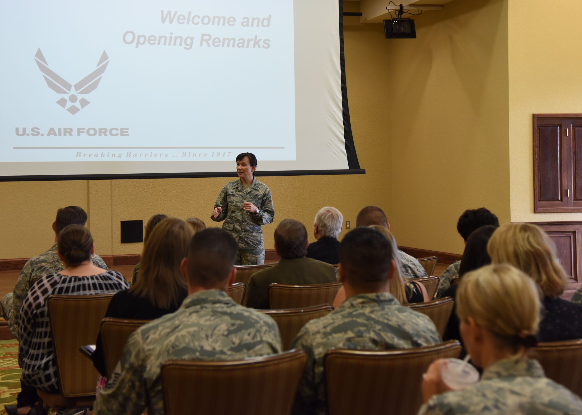 Col. Debra Lovette, 81st Training Wing commander, delivers welcoming remarks during the Air Force Community Partnership Program Ideas Workshop at the Bay Breeze Event Center July 27, 2017, on Keesler Air Force Base, Miss. The program administrators are working to leverage military and local community capabilities and resources to achieve mutual value and benefit in support of the Air Force and its business partners. (U.S. Air Force photo by Kemberly Groue)