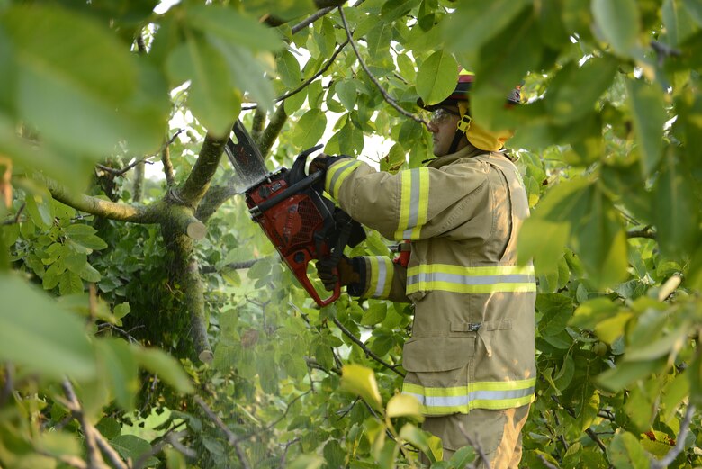 Fabrizio La Marca, 31st Civil Engineer Squadron firefighter, cuts up a tree obstructing traffic near an off ramp Aug. 10, 2017 in Pordenone Province, Italy. The 31st CES firefighters teamed with local first responders to clear roadways after heavy thunderstorms passed through the area. (U.S. Air Force photo by Tech. Sgt. Andrew Satran)