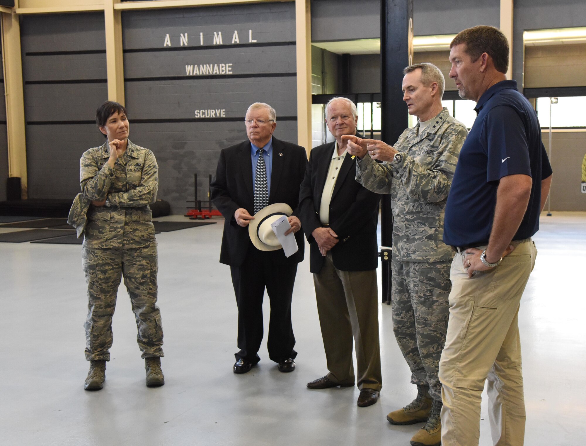 Lt. Gen. Darryl Roberson, commander of Air Education and Training Command, makes comments while touring the 352nd Battlefield Airmen Training Squadron fitness center at Matero Hall July 19, 2017, at Keesler Air Force Base, Miss. (U.S. Air Force photo by Kemberly Groue)