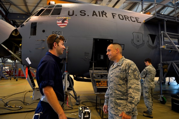 U.S. Air Force Chief Master Sgt. John Alsvig, 86th Maintenance Squadron superintendent, center right, conducts a visitation of his Airmen on Ramstein Air Base, Aug. 10, 2017. Personnel at Ramstein recently participated in the Air Force’s squadron revitalization data collection program, which aimed to gather information from installations across the Air Force on how to revitalize Air Force squadrons. (U.S. Air Force photo by Airman 1st Class Joshua Magbanua)