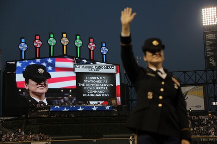 Sgt. Maribel Cano-Meraz, assigned to the 85th Support Command headquartered in Arlington Heights, Illinois, is featured on the Chicago White Sox’ jumbotron during the White Sox vs. Houston Astros game ‘Hero of the Game’ military recognition at Guaranteed Rate Field.