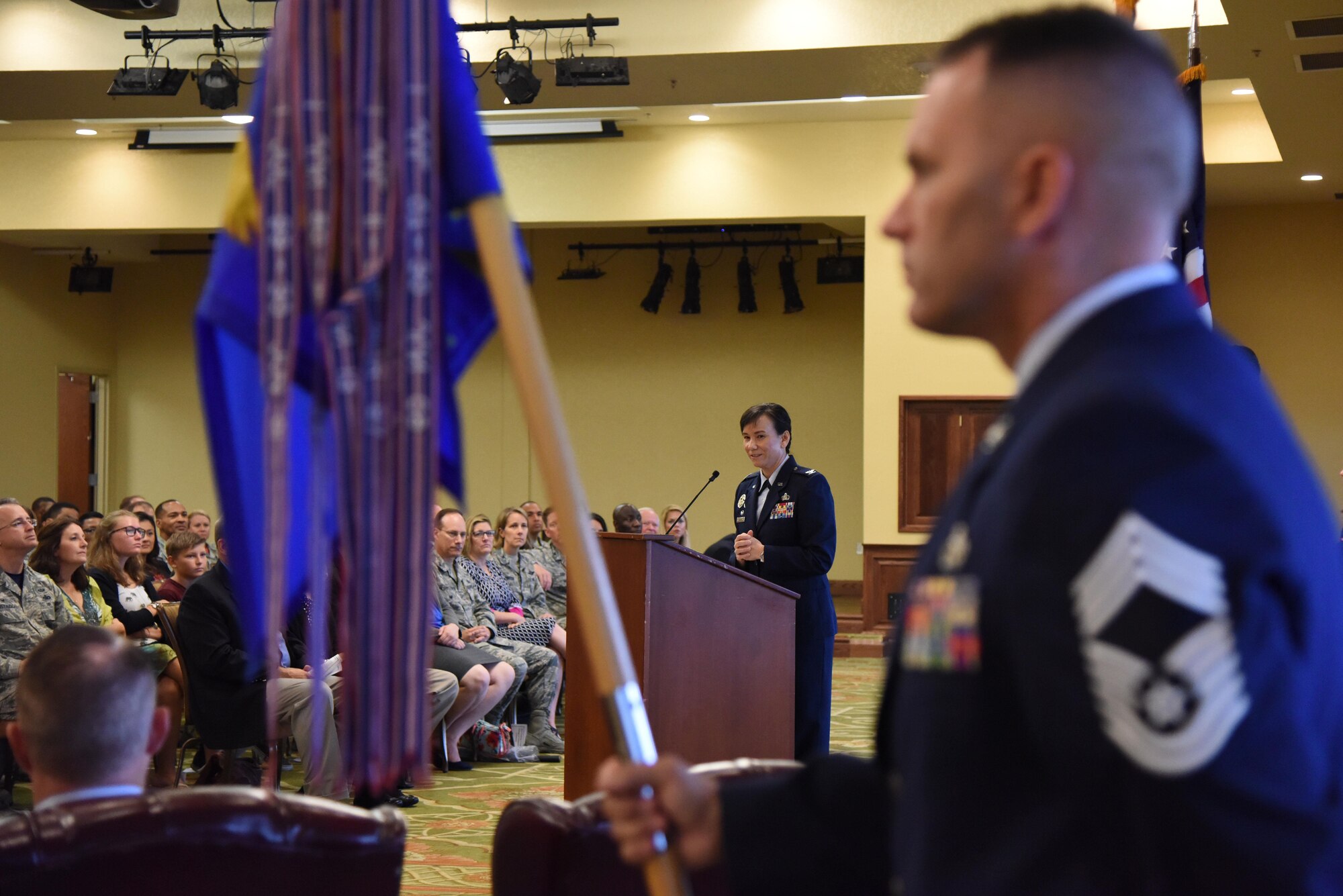 Col. Debra Lovette, 81st Training Wing commander, delivers remarks during the 81st Training Group change of command ceremony in the Bay Breeze Event Center Aug. 4, 2017, on Keesler Air Force Base, Miss. The ceremony is a symbol of command being exchanged from one commander to the next by the hand off of a ceremonial guidon. Col. Scott Solomon passed on command of the 81st TRG to Col. Leo Lawson, Jr. (U.S. Air Force photo by Kemberly Groue)