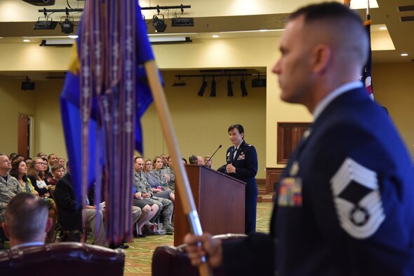Col. Debra Lovette, 81st Training Wing commander, delivers remarks during the 81st Training Group change of command ceremony in the Bay Breeze Event Center Aug. 4, 2017, on Keesler Air Force Base, Miss. The ceremony is a symbol of command being exchanged from one commander to the next by the hand off of a ceremonial guidon. Col. Scott Solomon passed on command of the 81st TRG to Col. Leo Lawson, Jr. (U.S. Air Force photo by Kemberly Groue)