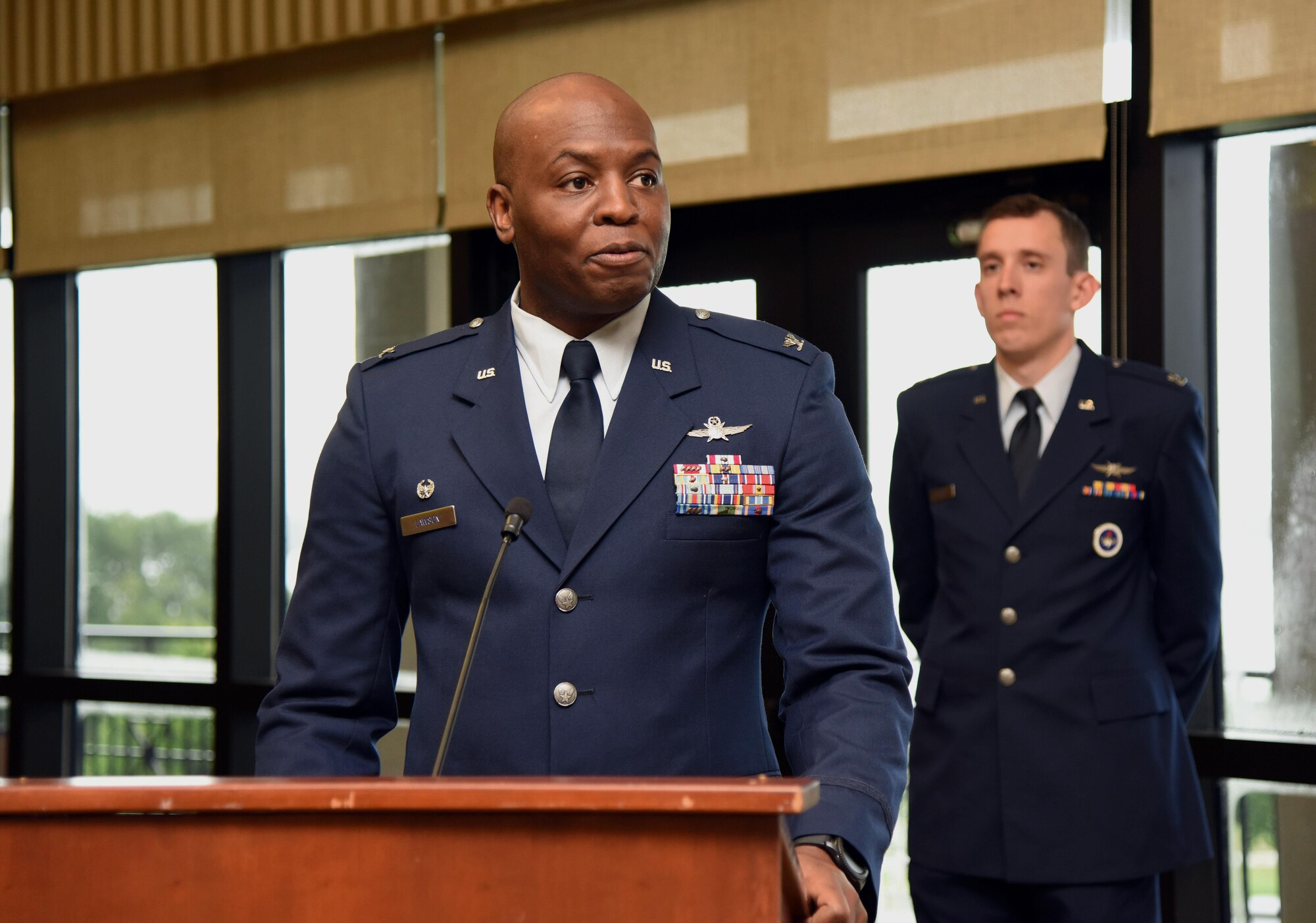 Col. Leo Lawson, Jr., 81st Training Group commander, gives remarks during the 81st TRG change of command ceremony in the Bay Breeze Event Center Aug. 4, 2017, on Keesler Air Force Base, Miss. Lawson assumed command from Col. Scott Solomon. (U.S. Air Force photo by Kemberly Groue)