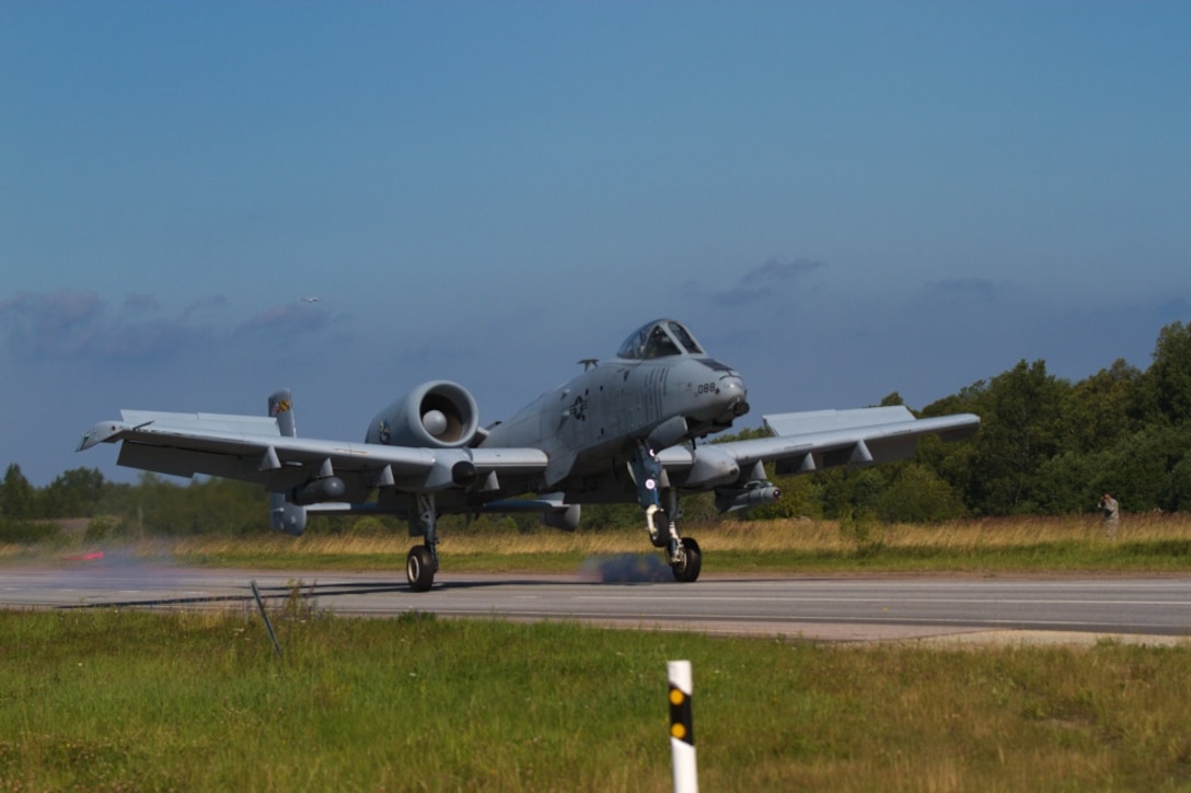 An A-10 Thunderbolt II “Warthog” aircraft lands on a stretch of highway during an exercise near Jagala, Estonia