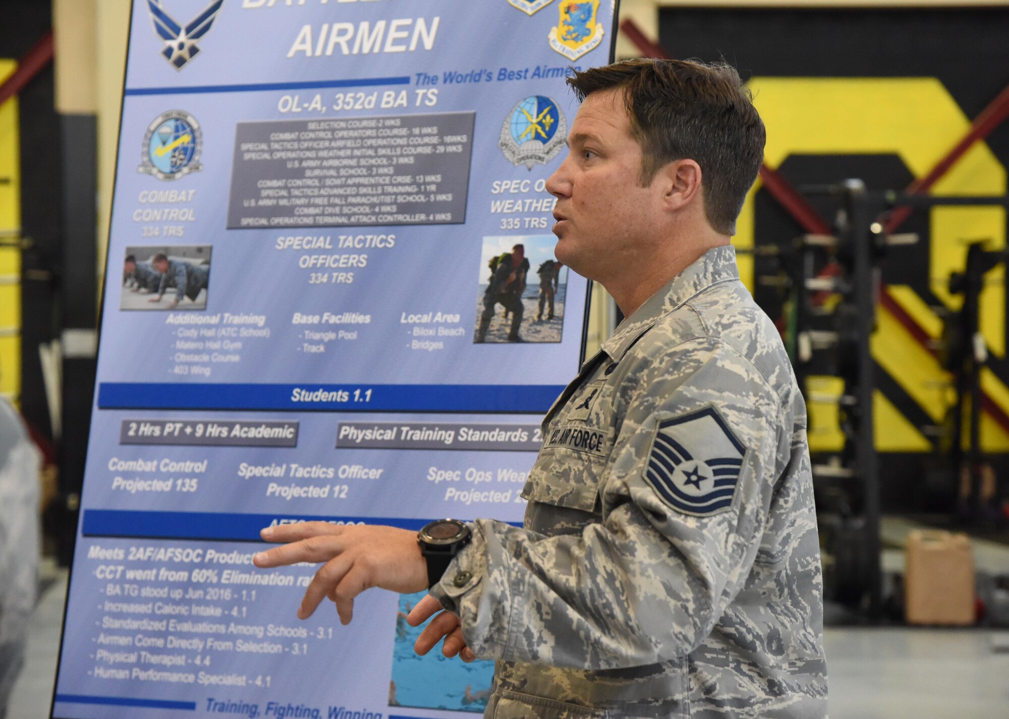 Master Sgt. Richard Lubben, 352nd Battlefield Airmen Training Squadron superintendent, provides a Battlefield Airmen mission overview during an installation visit by Lt. Gen. Darryl Roberson, commander of Air Education and Training Command, at Matero Hall July 19, 2017, at Keesler Air Force Base, Miss. (U.S. Air Force photo by Kemberly Groue)