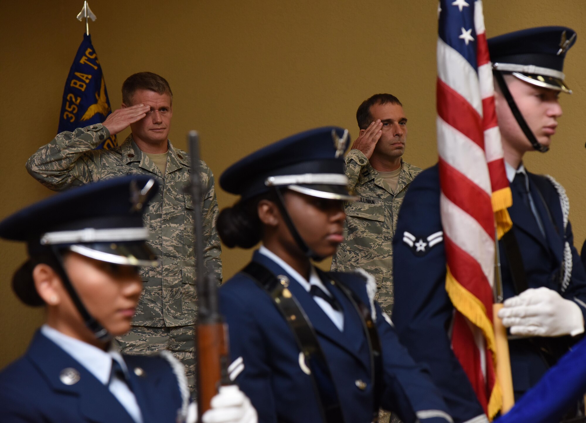 Maj. Trent Joy, 352nd Battlefield Airmen Training Squadron commander, Pope Field, N.C., and Capt. Jesse Sullivan, incoming Detachment 1, 352nd BA TS commander, render a salute during the Detachment 1, 352nd BA TS Activation Ceremony in the Bay Breeze Event Center Aug. 2, 2017, on Keesler Air Force Base, Miss. Sullivan assumed command of the squadron, which provides the Department of Defense, Air Force Special Operations Command and the 24th Special Operations Wing with mission ready Combat Controllers and Special Operations Weathermen. (U.S. Air Force photo by Kemberly Groue)