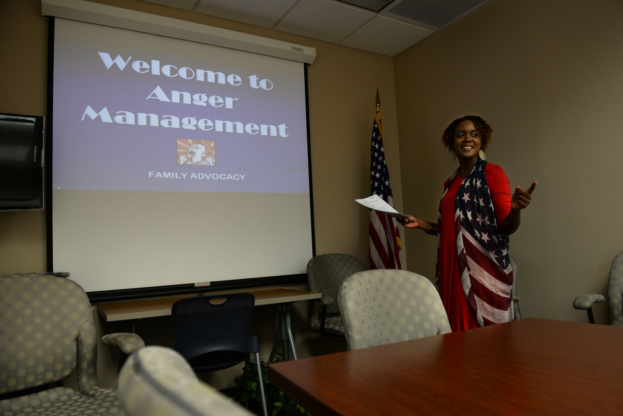 Lillie Tarver, 19th Medical Operations Squadron family advocacy outreach manager, teaches an anger management class Aug. 10, 2017, at Little Rock Air Force Base, Ark. The classes are held quarterly in two separate sessions a week apart from each other. (U.S. Air Force photo by Airman Rhett Isbell)