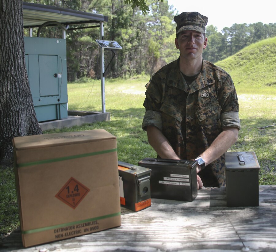 Staff Sgt. Derrick Kee is an explosive ordnance disposal technician at Marine Corps Air Station Cherry Point, N.C., July 21, 2017. With his grandfather, grandmother and father all having service in the Marine Corps, Kee continued that family legacy by becoming a Marine in 2008. Kee spent his first enlistment as a Marine Corps Security Forces Guard and then later became an explosive ordnance disposal technician. Kee is assigned to Headquarters and Headquarters Squadron, MCAS Cherry Point. (U.S. Marine Corps photo by Pfc. Skyler Pumphret/Released.)