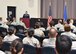 Maj. Heather Sullivan, 349th Force Support Squadron commander, speaks to her Airmen and distinguished guests, following her assumption of command ceremony at Travis Air Force Base, Calif., Aug. 11, 2017. (U.S. Air Force photo by Ken Wright)