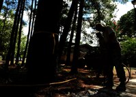 U.S. Airmen assigned to the 20th Civil Engineer Squadron worked as a team to demolish an uneven concrete sidewalk upheaved by tree roots at Shaw Air Force Base, S.C., Aug. 10, 2017. The pavement and construction equipment Airmen,  also known as “Dirt Boyz,” used tools such as a pneumatic 30-pound jack hammer and pickaxe to remove approximately five cubic yards of concrete to make way for a new path. (U.S. Air Force photos by Airman 1st Class Kathryn R.C. Reaves)